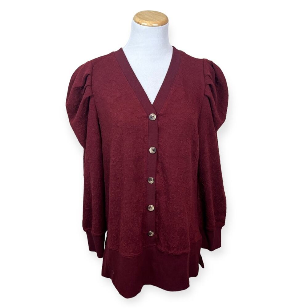 SUZANNE BETRO Burgundy Puff Sleeve V Neck Cardigan MEDIUM Knit Cozy Textured